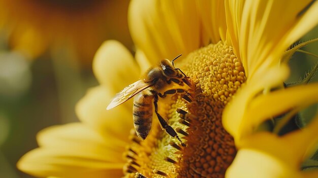 A close up shot of a bee collecting nectar from a bright yellow flower