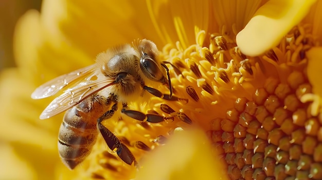 A close up shot of a bee collecting nectar from a bright yellow flower