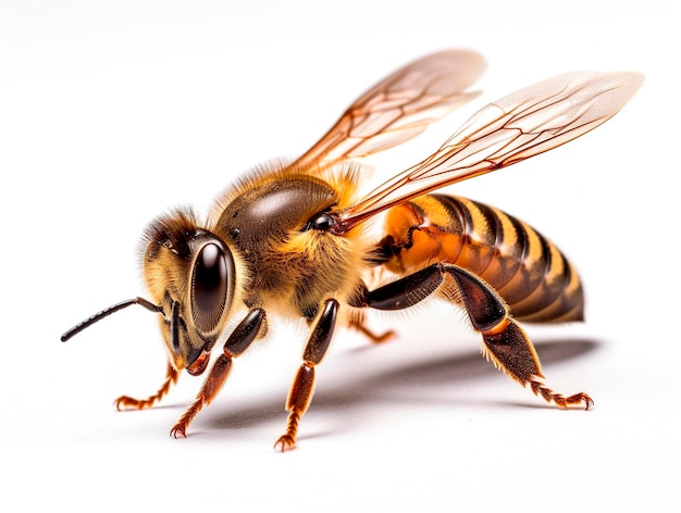 Close up shot of bee on white background