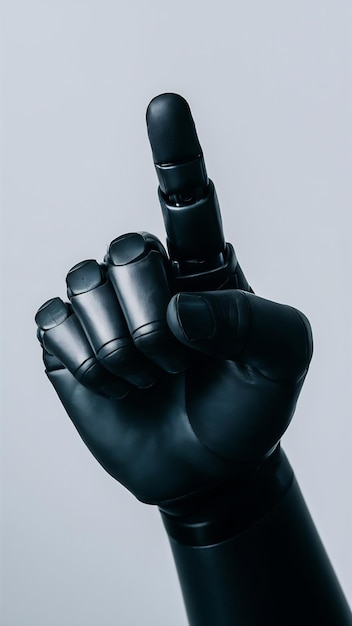 Close up Shot Of black Robotic hand Pointing Finger white background text space