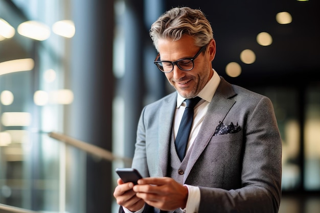 A close up shot of a businessman using a smartphone in a modern office environment Generative AI