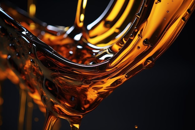 A close up shot captures the continuous flow of motor oil pouring out from the bottle s neck