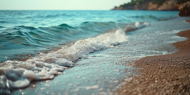 A close up shot capturing the powerful and dynamic movement of a wave crashing onto a sandy beach This image can be used to depict the beauty and energy of the ocean