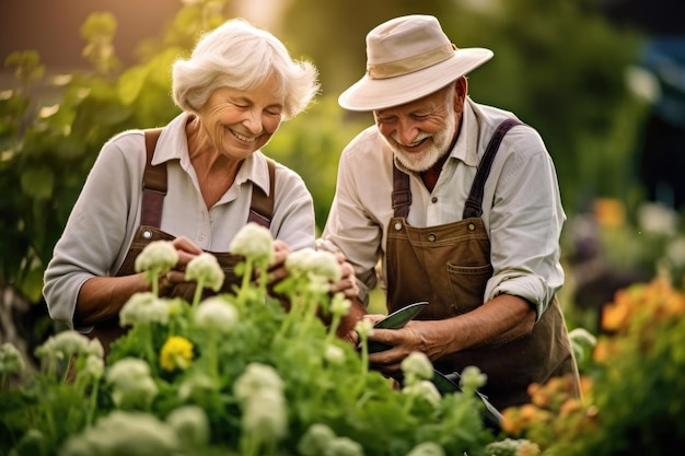 A close up shot of a cheerful senior couple gardening in their backyard Generative AI