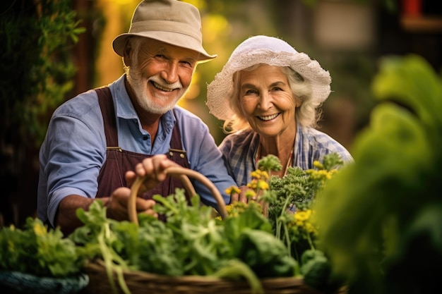 A close up shot of a cheerful senior couple gardening in their backyard Generative AI