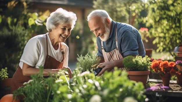 A close up shot of a cheerful senior couple gardening in their backyard