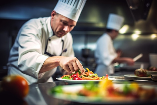 A close up shot of a chef in a professional kitchen skillfully preparing a dish Generative AI