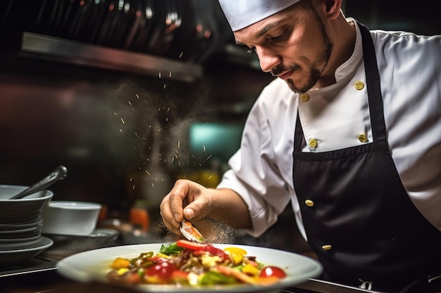 A close up shot of a chef in a professional kitchen skillfully preparing a dish Generative AI