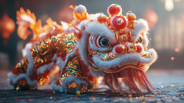 Close up shot of a Chinese lion dance costume featuring intricate details and vibrant colors