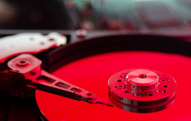 Close up shot, Colorful disassembled hard drive part of Computer