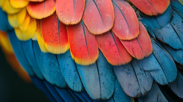 A close up shot of colorful parrot feathers in blue red and yellow The intricate texture