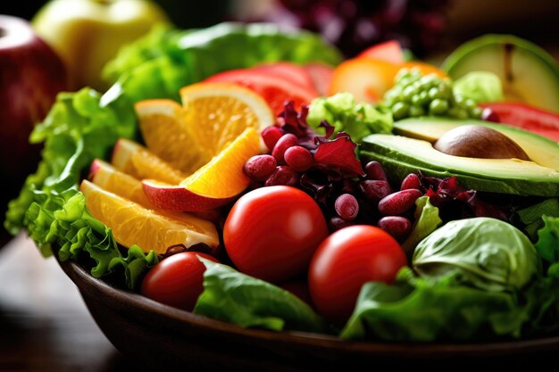 A close up shot of a colorful salad bowl filled with a variety of fresh vegetables fruits and lean proteins Generative AI