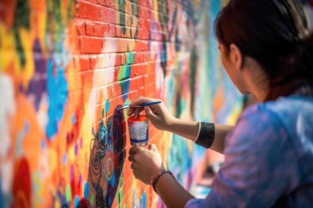 A close up shot of a creative young artist painting a vibrant mural on a city wall Generative AI