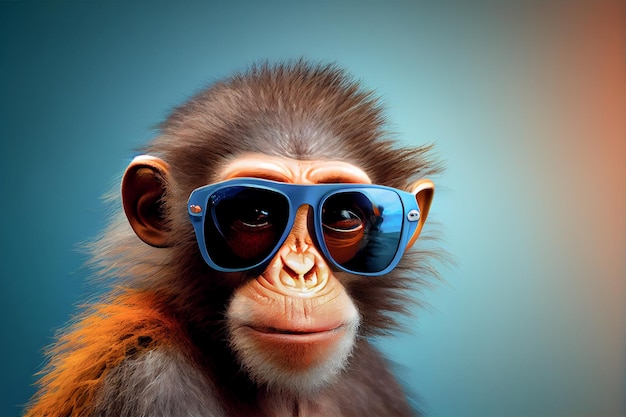 A close up shot of a cute monkey with blue sunglasses