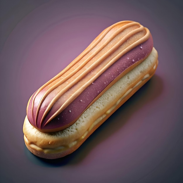 Photo close up shot of a delicious eclair with a rich chocolatey glaze and a delicate cream filled interior