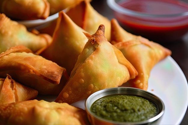 Close up shot of delicious samosas on a white plate with spices