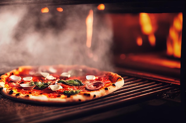 Close up shot of Delicious tasty pizza cooking on great oven 3d illustrated