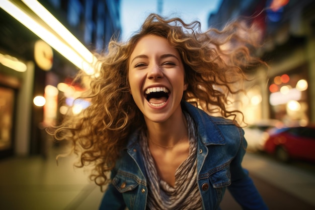 A close up shot of an excited young woman exploring a bustling city street Generative AI