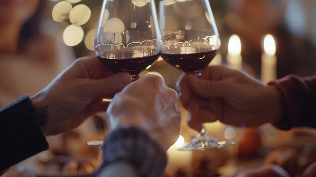 Close up shot of family toasting wine at christmas dinner Family enjoying christmas Generative AI