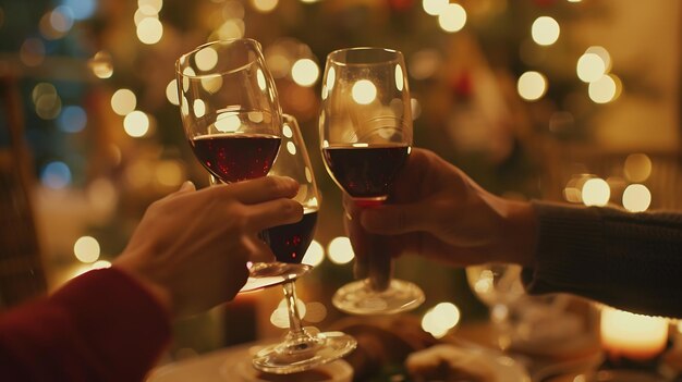 Close up shot of family toasting wine at christmas dinner Family enjoying christmas Generative AI