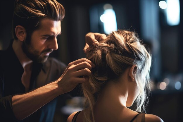 A close up shot of a fashionable male hair stylist shaping a woman's hair in a luxurious women's salon Generative AI