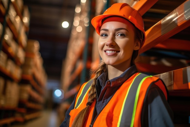 A close up shot featuring a female cargo worker in a warehouse setting Generative AI