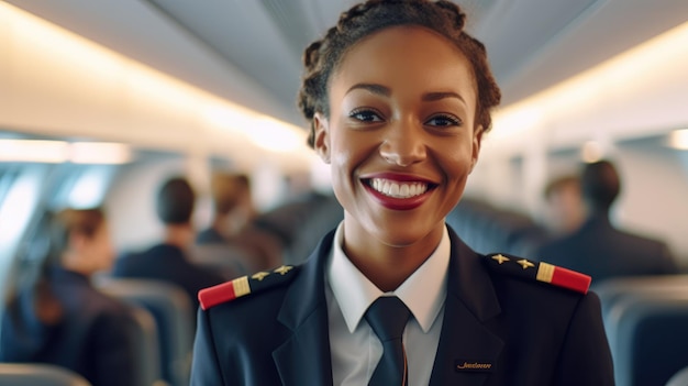 A close up shot of a female flight attendant standing in the aisle of an airplane cabin warmly welcoming passengers with a smile Generative AI