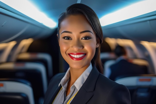 A close up shot of a female flight attendant standing in the aisle of an airplane cabin warmly welcoming passengers with a smile Generative AI