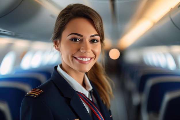 A close up shot of a female flight attendant standing in the aisle of an airplane cabin warmly welcoming passengers with a smile Generative AI