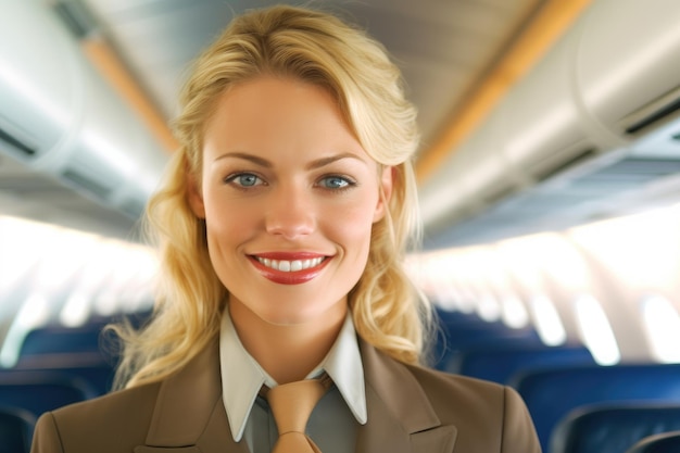 A close up shot of a female flight attendant standing in the aisle of an airplane cabin warmly welcoming passengers with a smile Generative AI