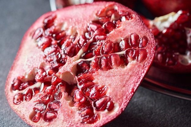 Close up shot of fresh cut pomegranate