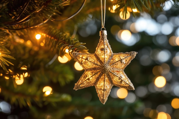 A close up shot of a golden glittering star ornament hanging from a Christmas tree branch Generative AI