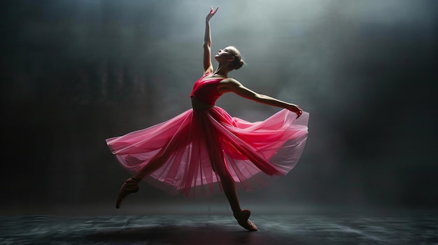 Close up shot of graceful ballerina in fuchsia dress dancing on the stage against dark background