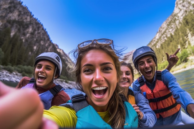 A close up shot of a group of friends engaged in kayaking or rafting on a fast flowing river with rocky cliffs in the background Generative AI