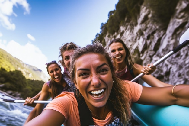 A close up shot of a group of friends engaged in kayaking or rafting on a fast flowing river with rocky cliffs in the background Generative AI