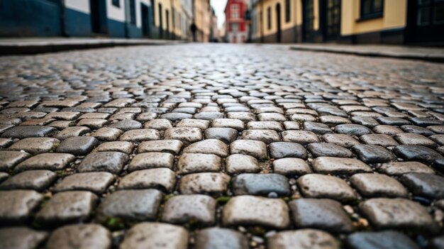 Photo close up shot highlighting cobblestone street texture