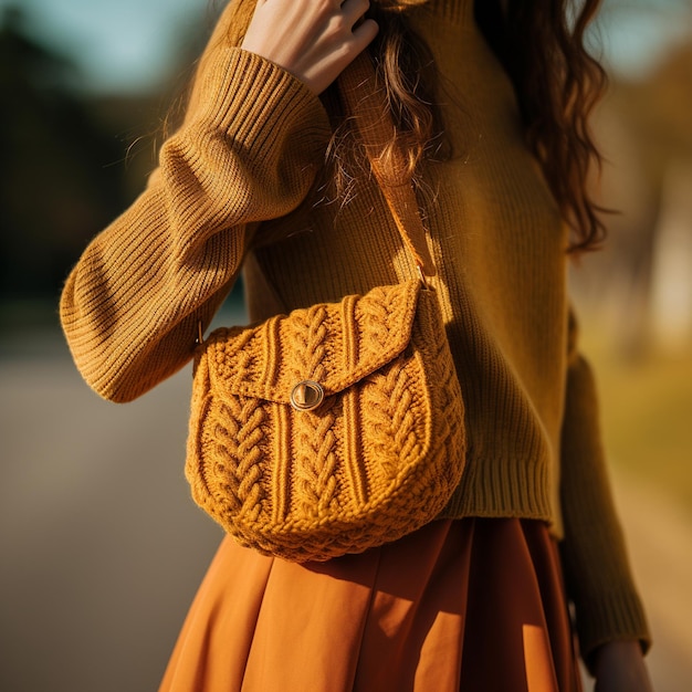 Close up shot on knitted bag in nature