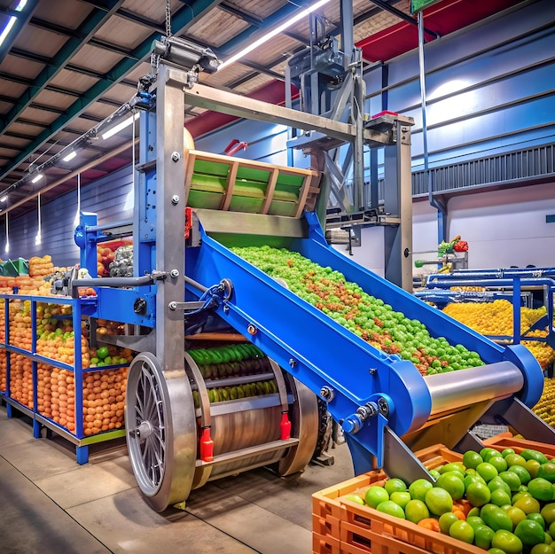 A close up shot of a large industrial conveyor belt system processing citrus fruits in a warehouse