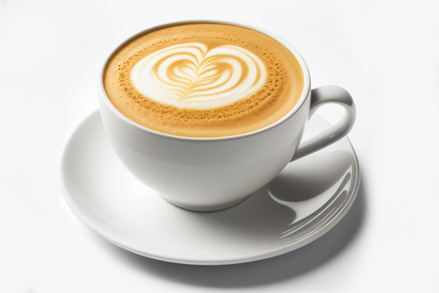 Close up shot of latte coffee with latte art in a ceramic white cup and saucer on white background