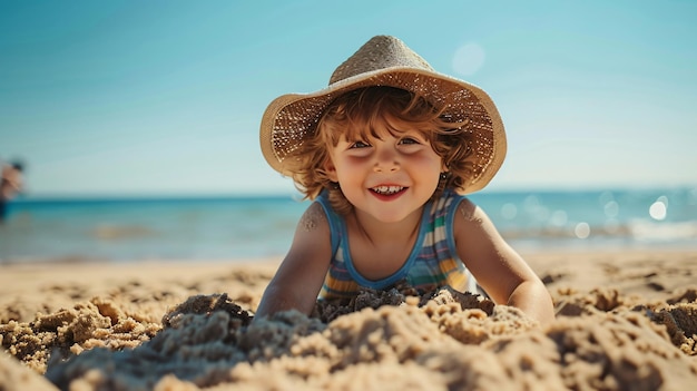 Close up shot of a little boy with a hat on his head playing in the sand on the beach