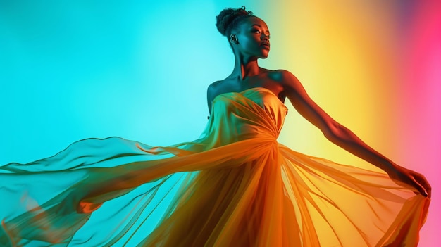 Close up shot of a lovely woman wearing a golden gala dress