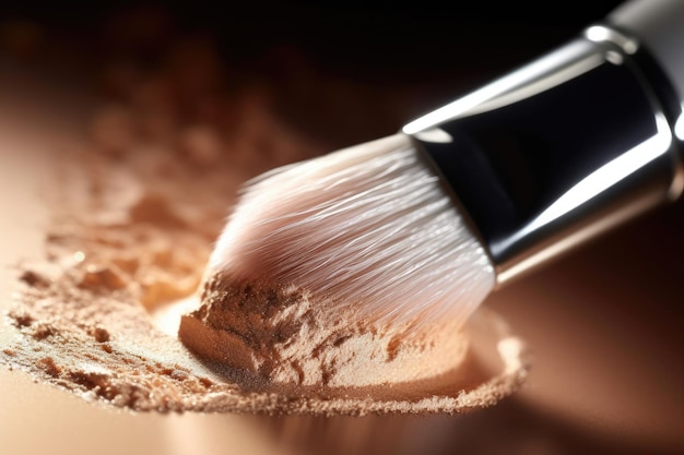 A close up shot of a makeup brush delicately applying a shimmery highlighter to the cheekbones Generative AI