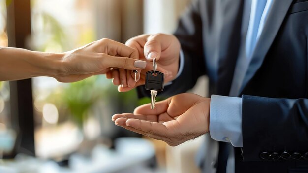 Close up shot of a man handing a woman keys