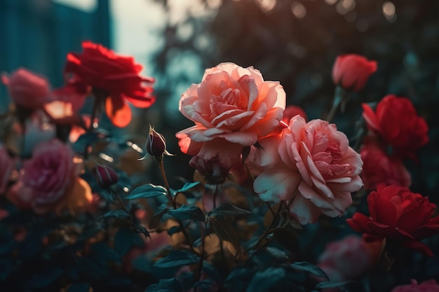 close up shot of many red and pink rose flowers on a rose bush near fence in the garden