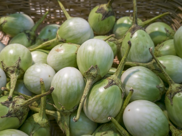 Close-up shot, pile of Thai eggplant (Solanum melongena) on a shelf in a supermarket