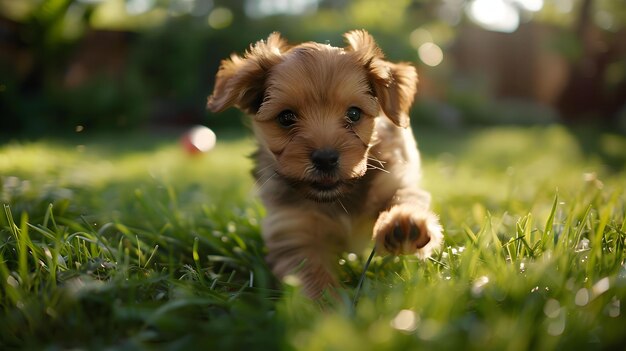 Photo a close up shot of a playful puppy chasing a ball in a grassy field