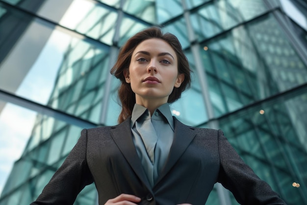 A close up shot of a professional businesswoman with a glass high rise building as the backdrop symbolizing progress and ambition Generative AI