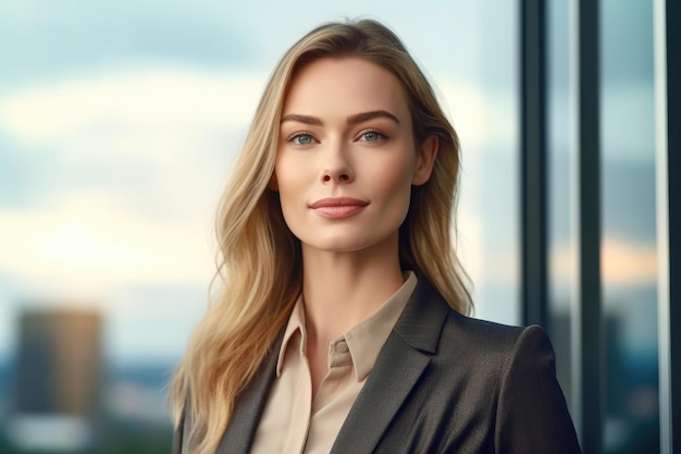 A close up shot of a professional businesswoman with a glass high rise building as the backdrop symbolizing progress and ambition Generative AI