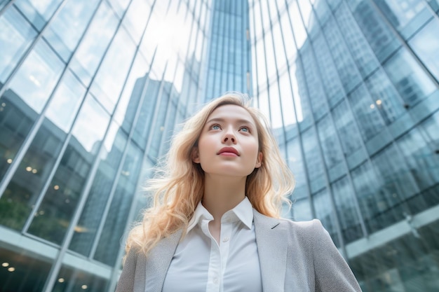 A close up shot of a professional businesswoman with a glass high rise building as the backdrop symbolizing progress and ambition Generative AI