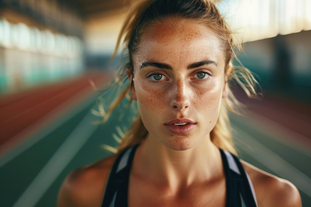 A close up shot of a professional concentrated white woman athlete